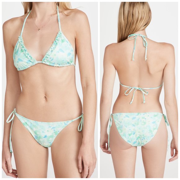 LoveShackFancy Harbor Bikini Set L Crystal Clear Blue Tie Dye Ruffle Halter NWT - Picture 1 of 8